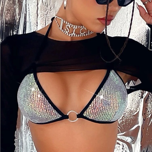 SHEIN Silver Sequins Triangle Tie Bikini - Picture 4 of 10